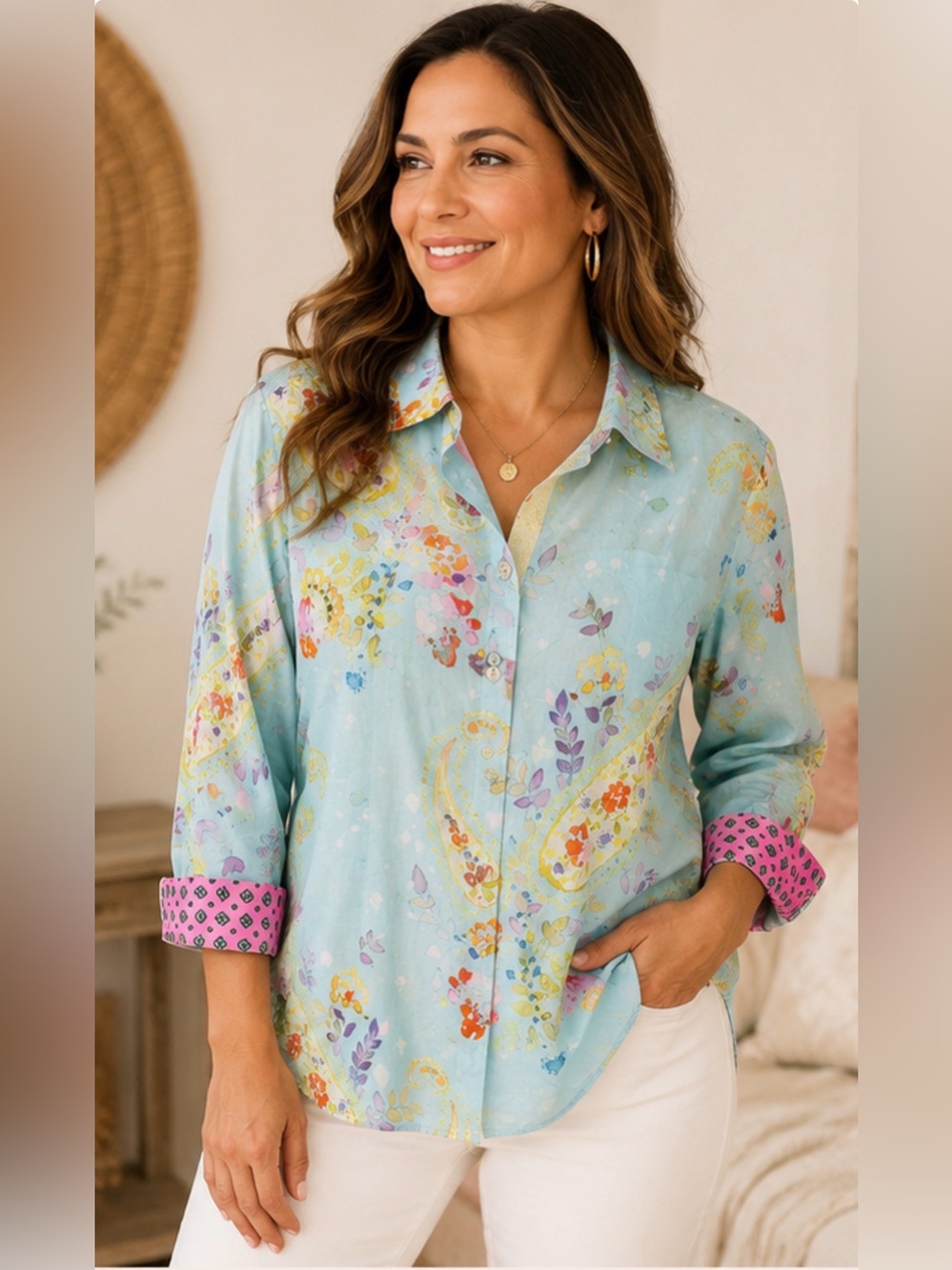 Robert Graham Women’s 100% Cotton Shirt Silk Trim Paisley Floral Button S